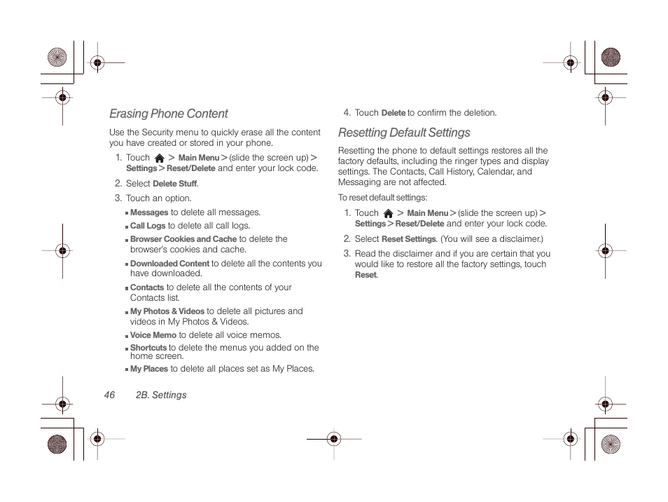 Erasing phone content, Resetting default settings | LG LGLN510 User Manual | Page 58 / 158