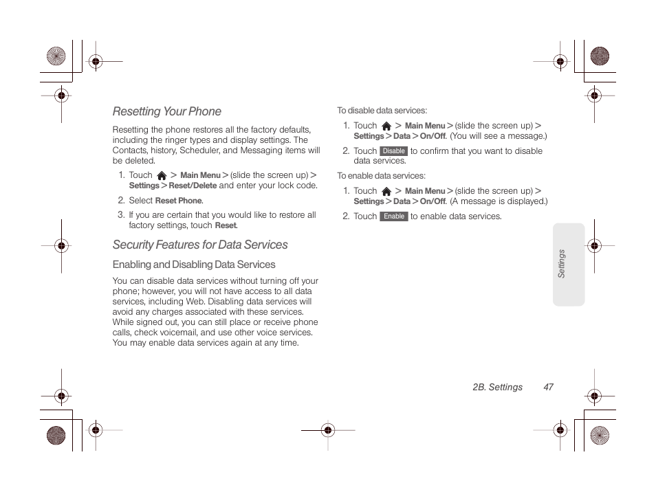 Resetting your phone, Security features for data services | LG LGLN510 User Manual | Page 59 / 158