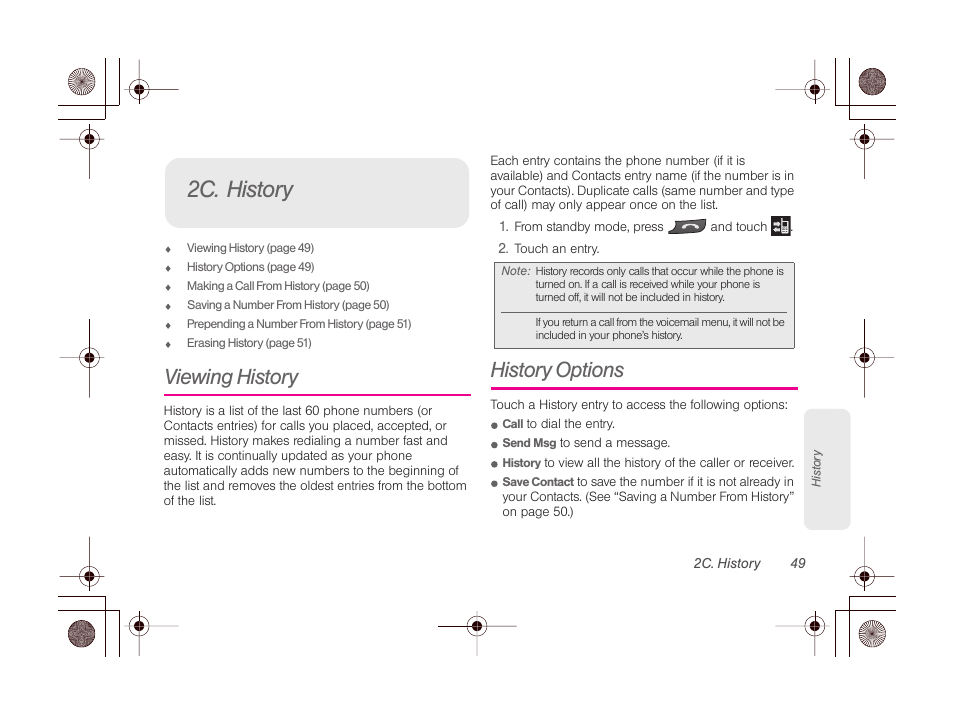 2c. history, Viewing history, History options | LG LGLN510 User Manual | Page 61 / 158