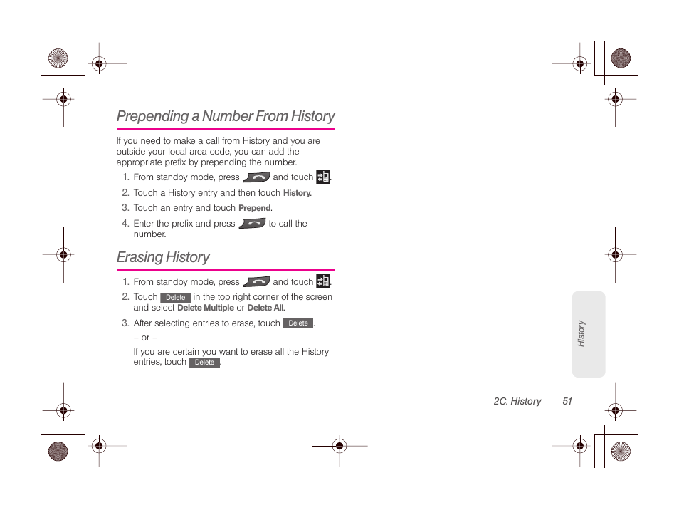 Prepending a number from history, Erasing history | LG LGLN510 User Manual | Page 63 / 158