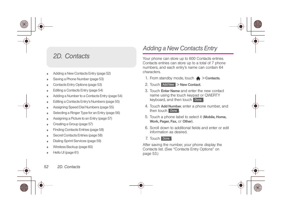2d. contacts, Adding a new contacts entry | LG LGLN510 User Manual | Page 64 / 158