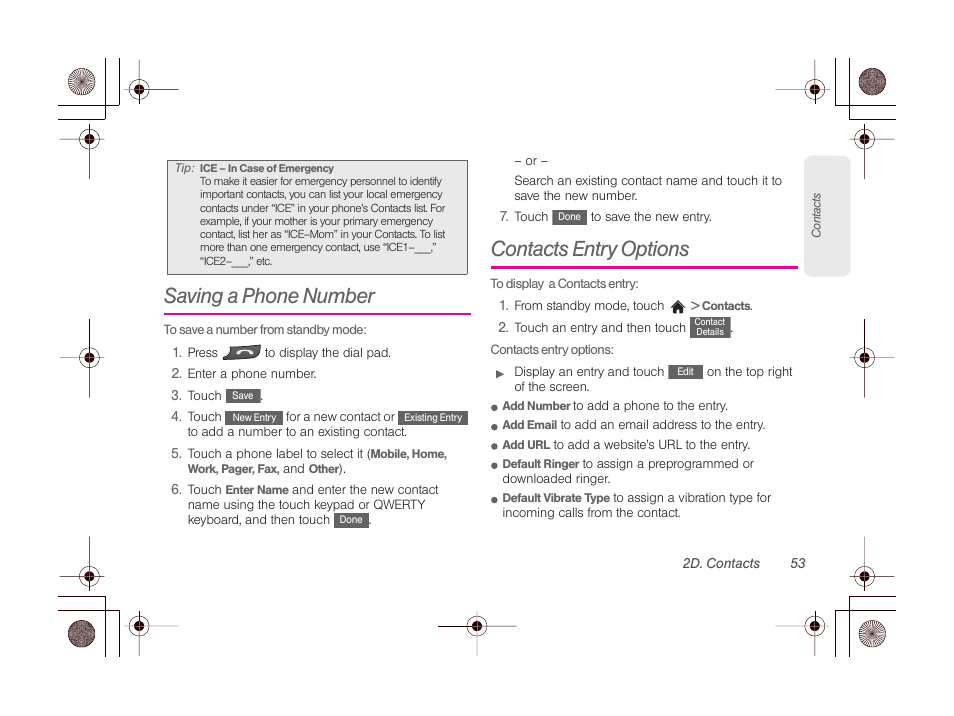 Saving a phone number, Contacts entry options, Selecting a | Assigning | LG LGLN510 User Manual | Page 65 / 158