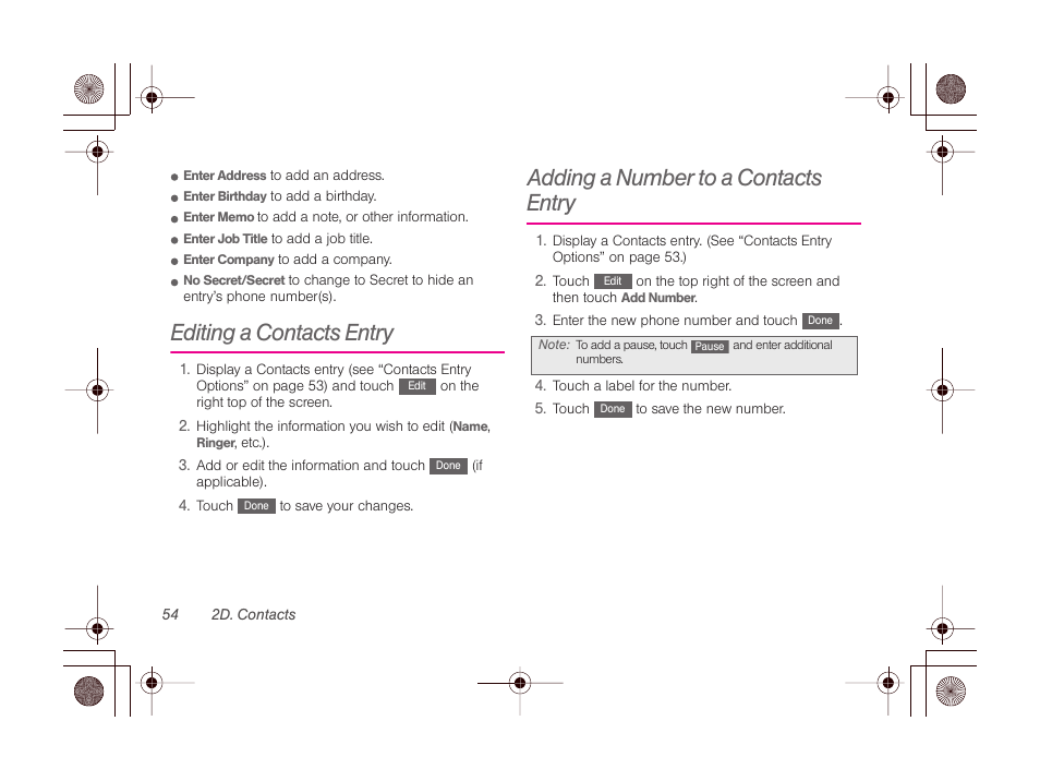 Editing a contacts entry, Adding a number to a contacts entry, Creating a | Finding contacts entrie | LG LGLN510 User Manual | Page 66 / 158