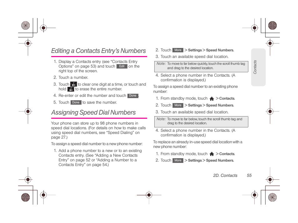 Editing a contacts entry’s numbers, Assigning speed dial numbers, Secret contacts entrie | Dialing sprint ser | LG LGLN510 User Manual | Page 67 / 158