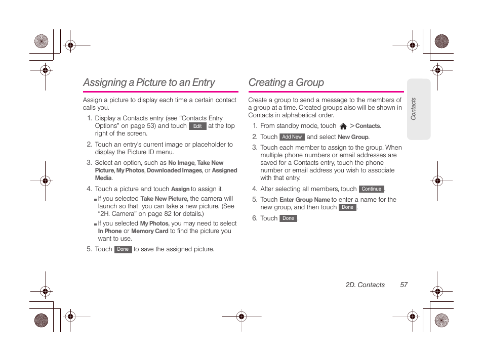 Assigning a picture to an entry, Creating a group | LG LGLN510 User Manual | Page 69 / 158