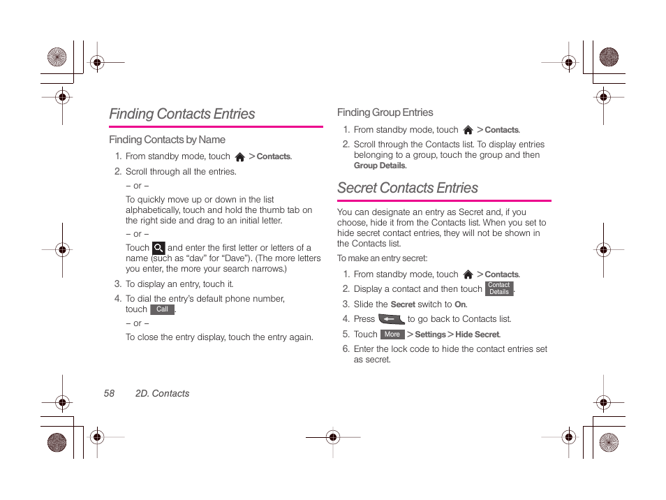 Finding contacts entries, Secret contacts entries, 2d. co | LG LGLN510 User Manual | Page 70 / 158