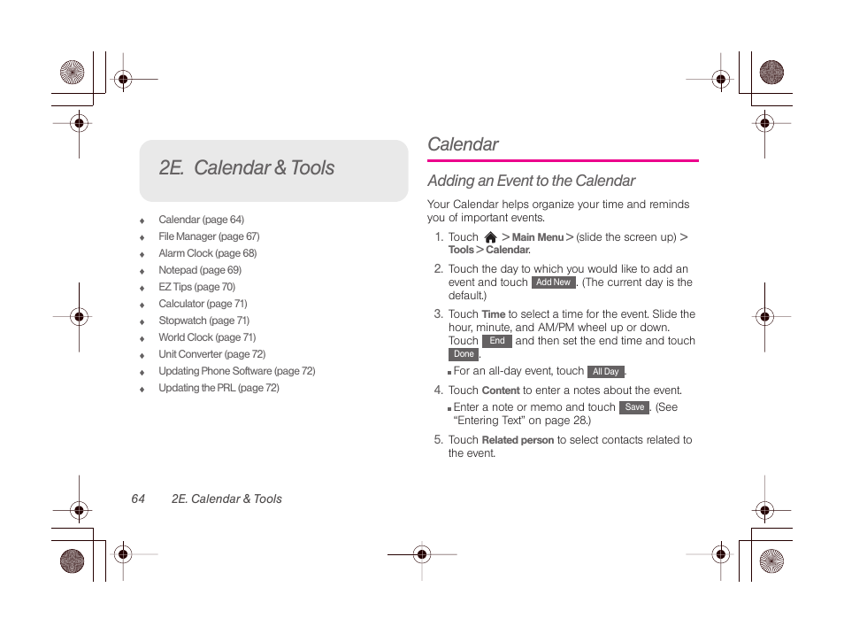 2e. calendar & tools, Calendar, Adding an event to the calendar | LG LGLN510 User Manual | Page 76 / 158