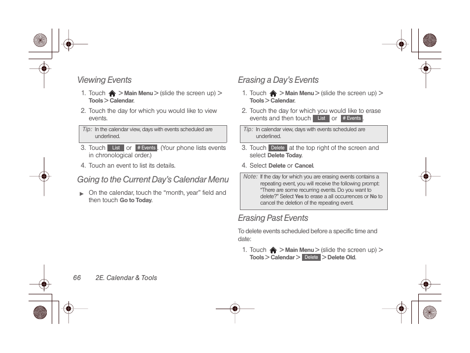 Viewing events, Going to the current day’s calendar menu, Erasing a day’s events | Erasing past events | LG LGLN510 User Manual | Page 78 / 158