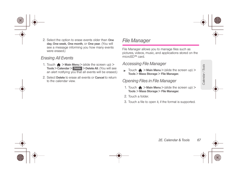 Erasing all events, File manager, Accessing file manager | Opening files in file manager | LG LGLN510 User Manual | Page 79 / 158