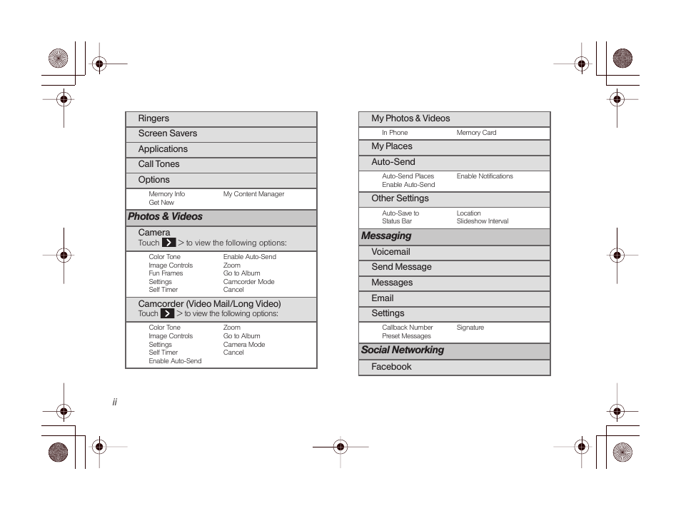 Photos & videos, Messaging, Social networking | LG LGLN510 User Manual | Page 8 / 158