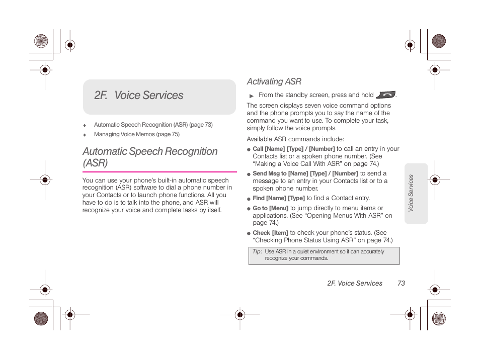 2f. voice services, Automatic speech recognition (asr), Activating asr | LG LGLN510 User Manual | Page 85 / 158