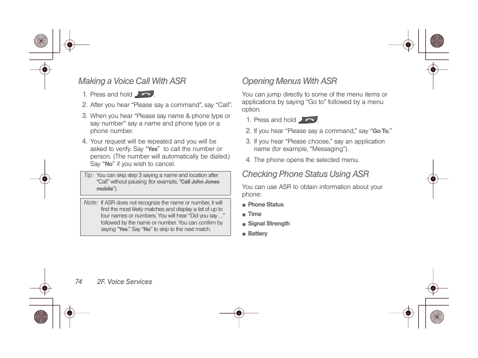 Making a voice call with asr, Opening menus with asr, Checking phone status using asr | LG LGLN510 User Manual | Page 86 / 158