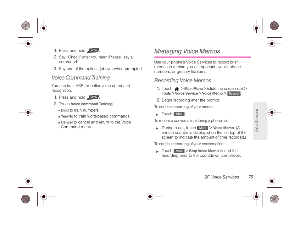 Voice command training, Managing voice memos, Recording voice memos | LG LGLN510 User Manual | Page 87 / 158