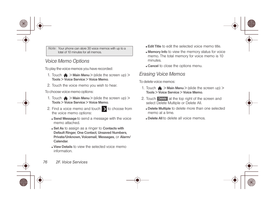 Voice memo options, Erasing voice memos | LG LGLN510 User Manual | Page 88 / 158