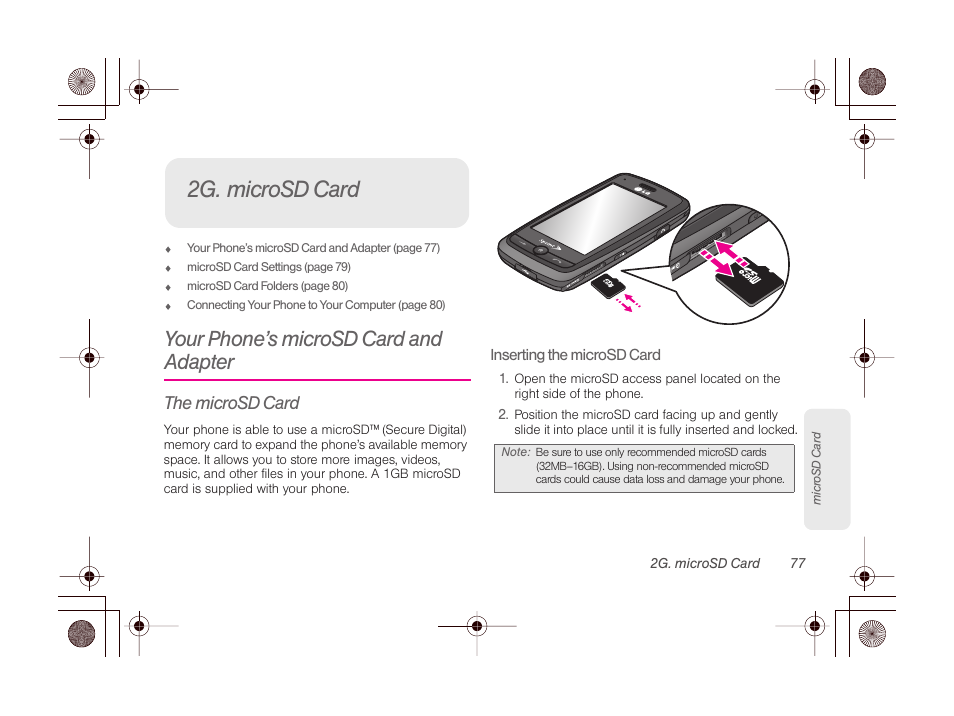 2g. microsd card, Your phone’s microsd card and adapter, The microsd card | LG LGLN510 User Manual | Page 89 / 158