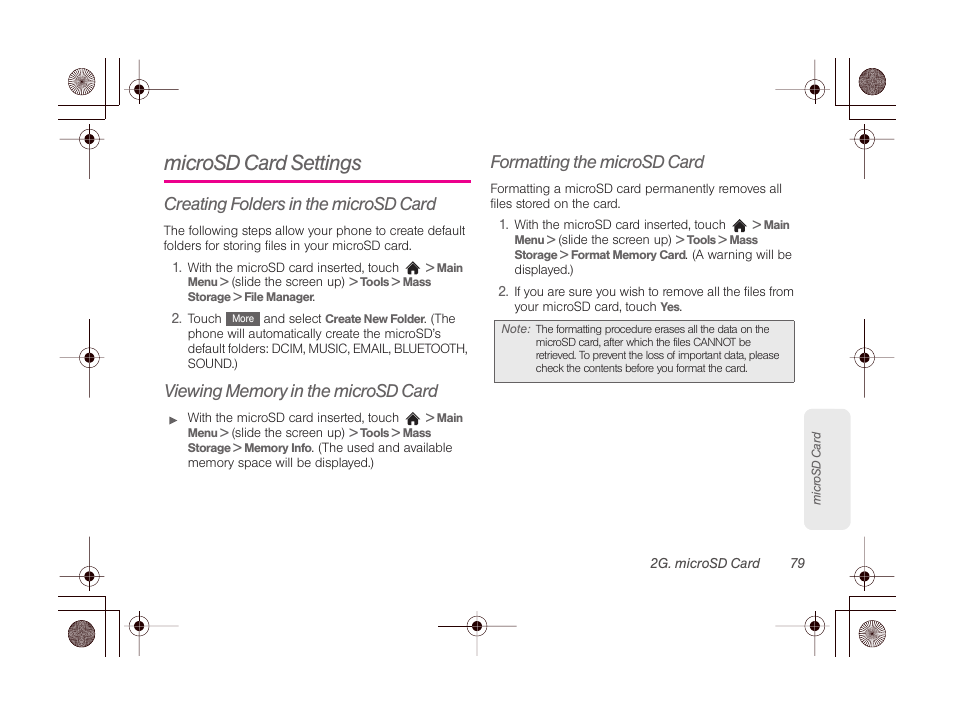 Microsd card settings, Creating folders in the microsd card, Viewing memory in the microsd card | Formatting the microsd card | LG LGLN510 User Manual | Page 91 / 158