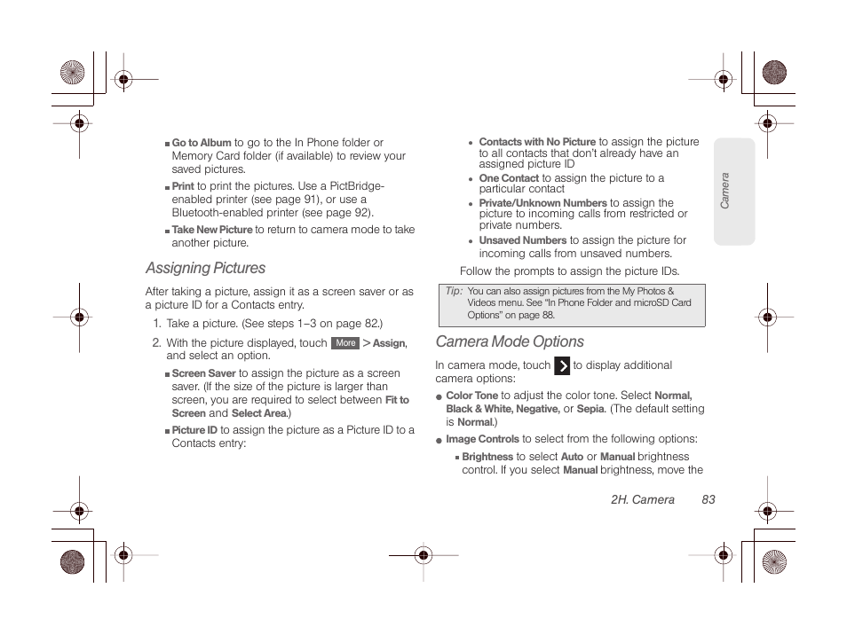 Assigning pictures, Camera mode options | LG LGLN510 User Manual | Page 95 / 158