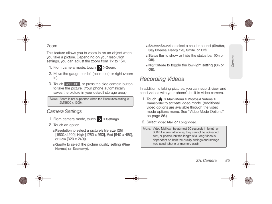 Camera settings, Recording videos, Taking p | Een to see how it, Esolution, see “zoom” on, Off, 5 seco | LG LGLN510 User Manual | Page 97 / 158