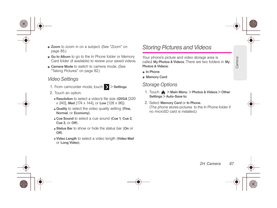 Video settings, Storing pictures and videos, Storage options | Simple as choos | LG LGLN510 User Manual | Page 99 / 158