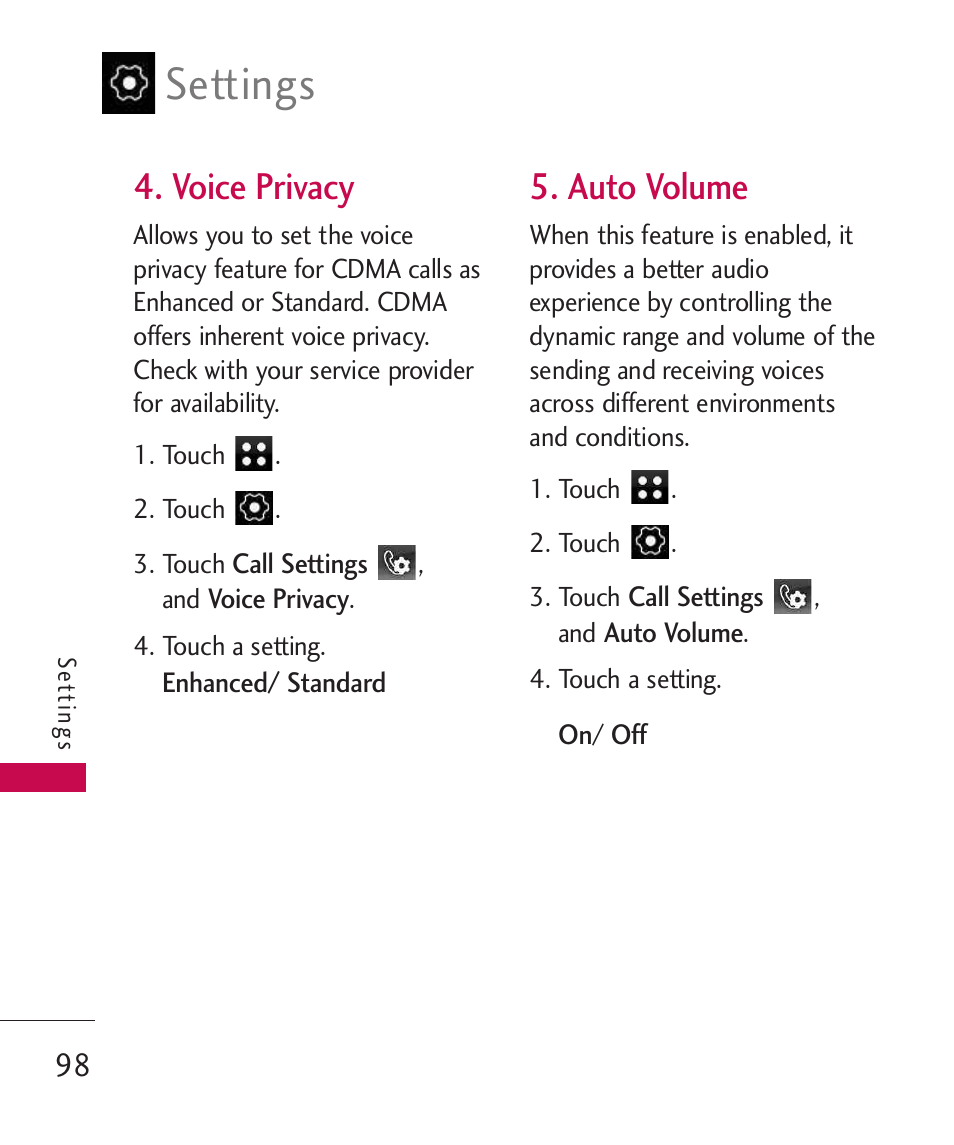 Voice privacy, Auto volume, Settings | LG LG840 User Manual | Page 100 / 293