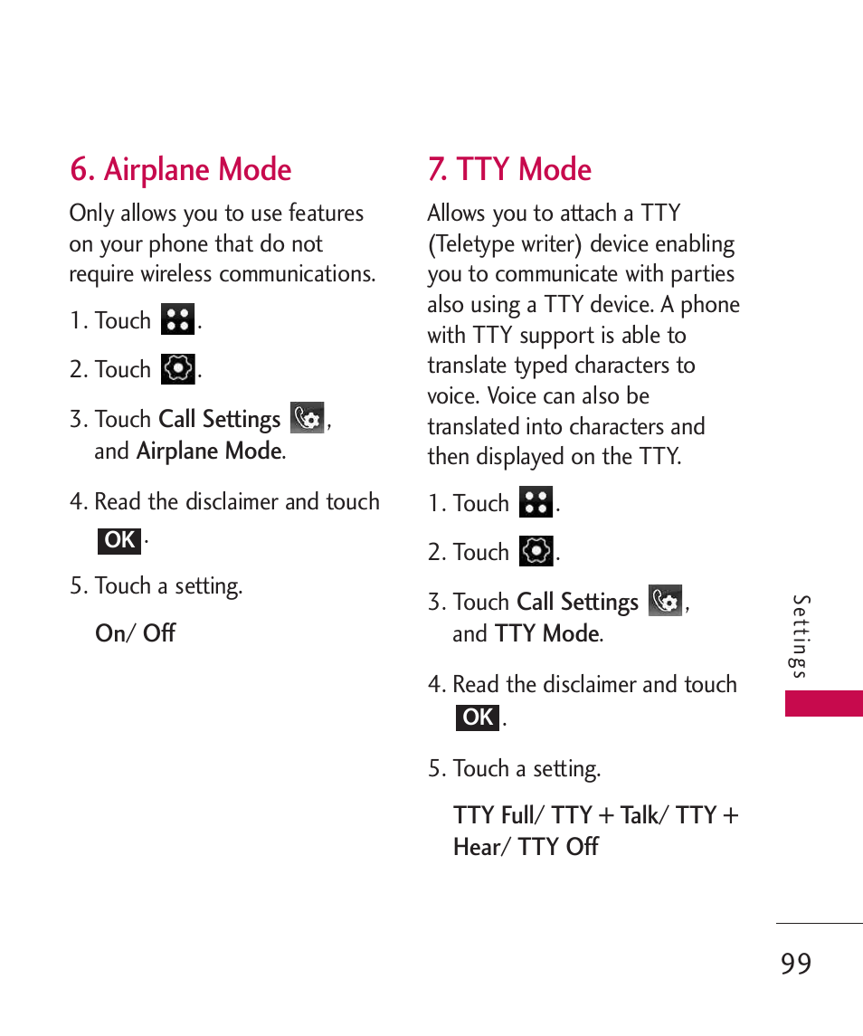 Airplane mode, Tty mode | LG LG840 User Manual | Page 101 / 293