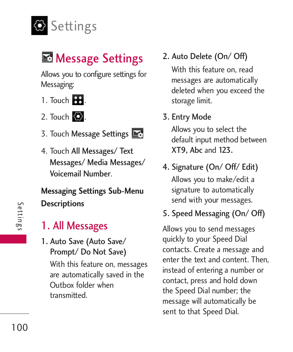 Message settings, All messages, Settings | LG LG840 User Manual | Page 102 / 293