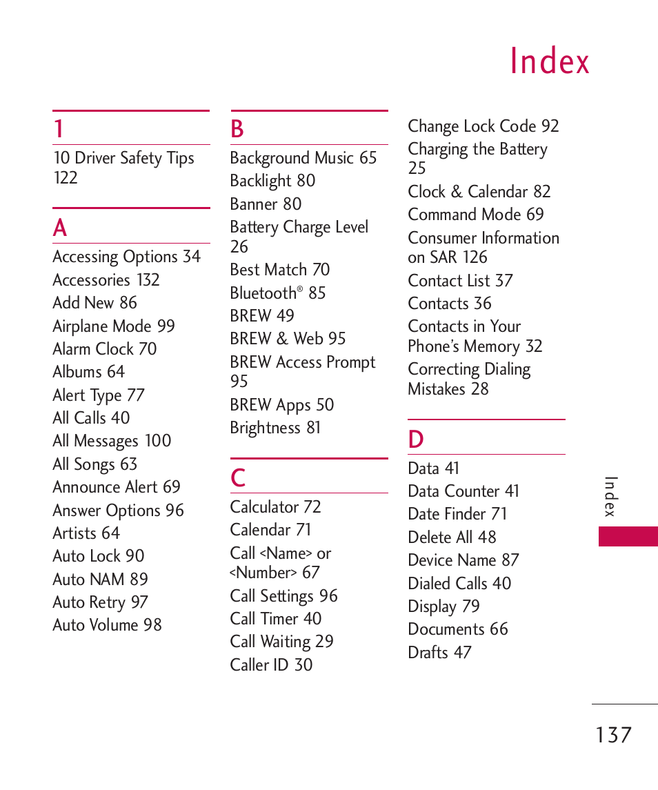 Index | LG LG840 User Manual | Page 139 / 293
