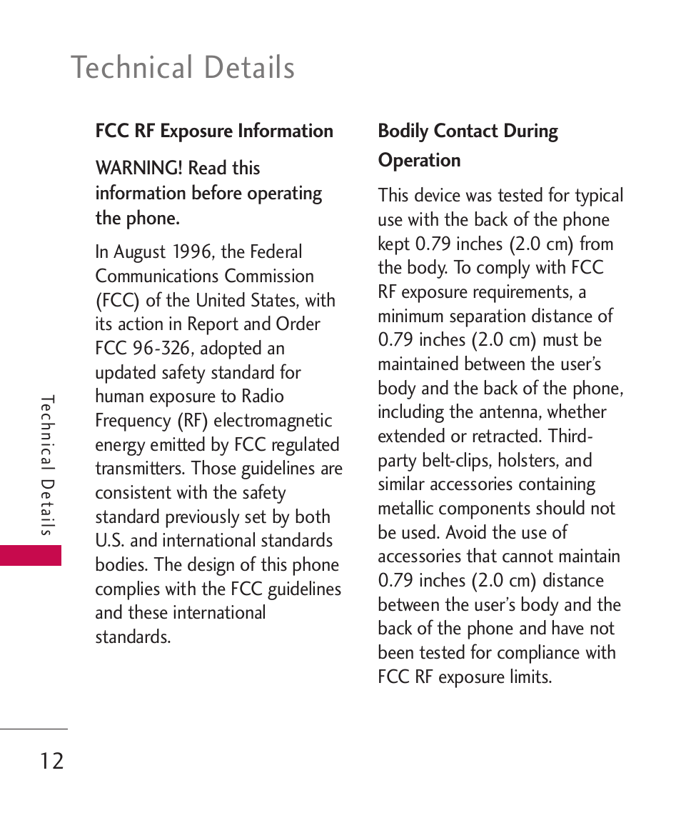 Fcc rf exposure information, Bodily contact during operation, Bodily contact during operation 12 | Technical details | LG LG840 User Manual | Page 14 / 293