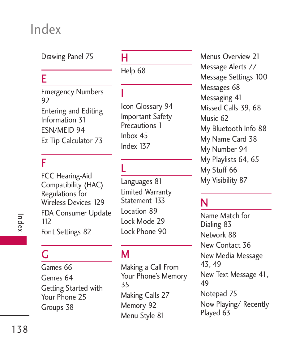 Index | LG LG840 User Manual | Page 140 / 293