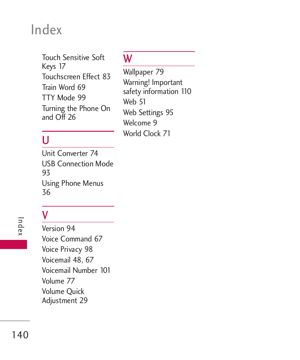 Index | LG LG840 User Manual | Page 142 / 293