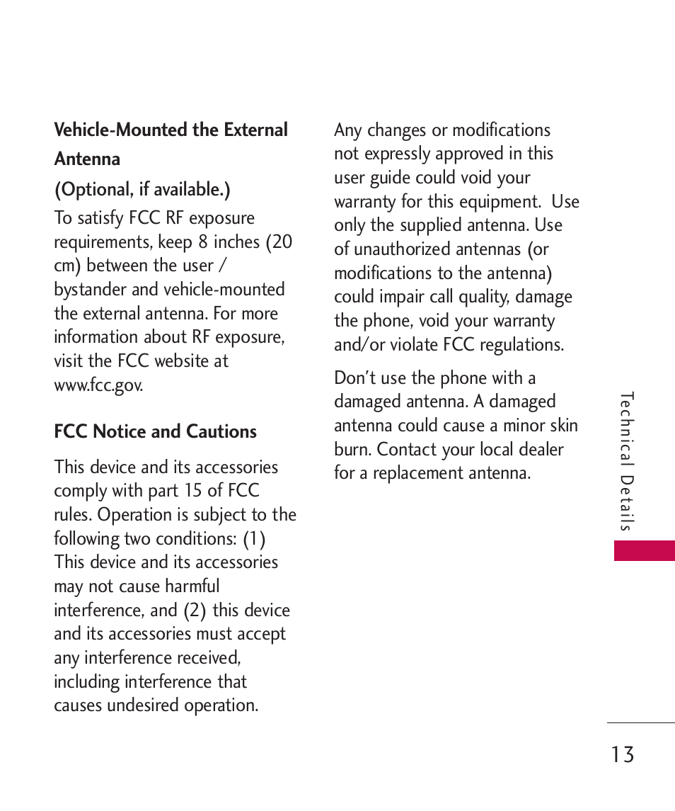 Vehicle-mounted the external, Fcc notice and cautions, Vehicle-mounted the external antenna | LG LG840 User Manual | Page 15 / 293