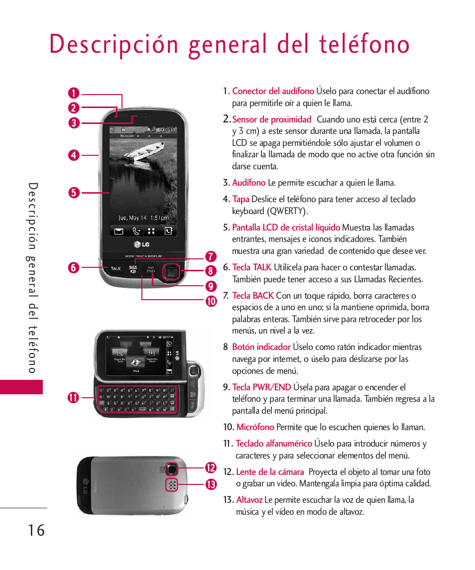 Descripción general del telé, Descripción general del teléfono, De scr ipc ión ge ne ral de lte léf on o | LG LG840 User Manual | Page 158 / 293