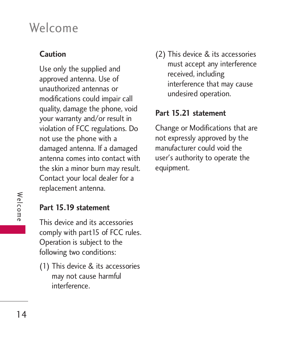Caution, Part 15.19 statement, Part 15.21 statement | Welcome | LG LG840 User Manual | Page 16 / 293