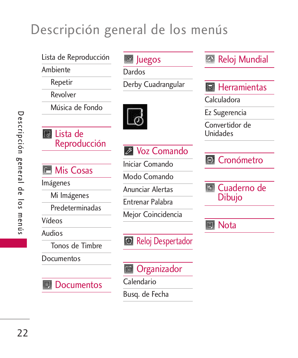 Descripción general de los menús, Lista de reproducción mis cosas, Documentos juegos | Voz comando, Reloj despertador organizador, Reloj mundial herramientas, Cronómetro cuaderno de dibujo nota | LG LG840 User Manual | Page 164 / 293