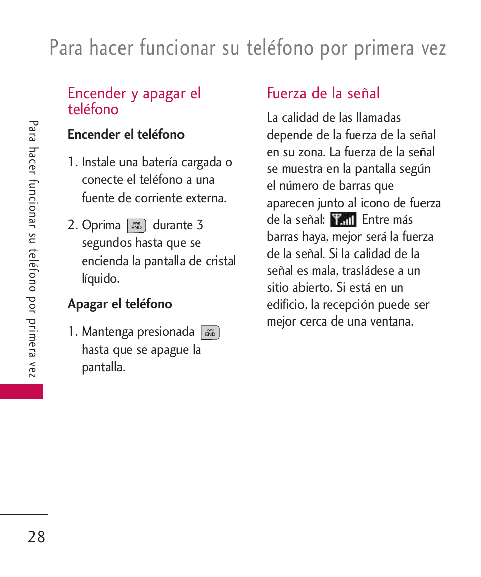 Encender y apagar el teléfono, Fuerza de la señal, Para hacer funcionar su teléfono por primera vez | LG LG840 User Manual | Page 170 / 293