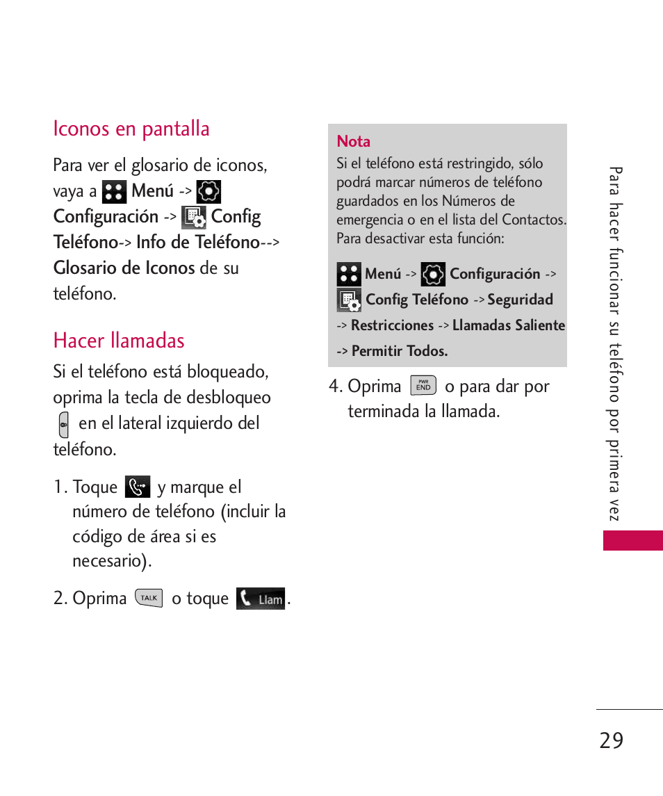 Iconos en pantalla, Hacer llamadas | LG LG840 User Manual | Page 171 / 293