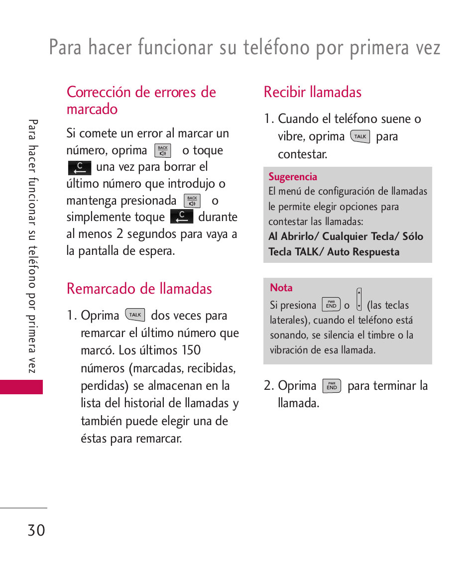 Corrección de errores de mar, Remarcado de llamadas, Recibir llamadas | Para hacer funcionar su teléfono por primera vez, Corrección de errores de marcado | LG LG840 User Manual | Page 172 / 293