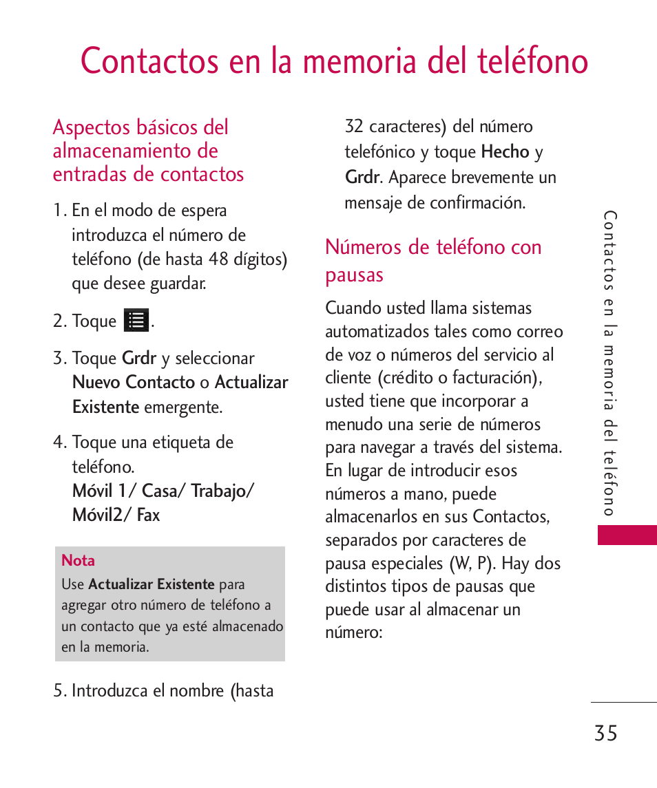 Contactos en la memoria del, Aspectos básicos del almacen, Números de teléfono con pausas | Contactos en la memoria del teléfono, Números de teléfono con pausas 35 | LG LG840 User Manual | Page 177 / 293
