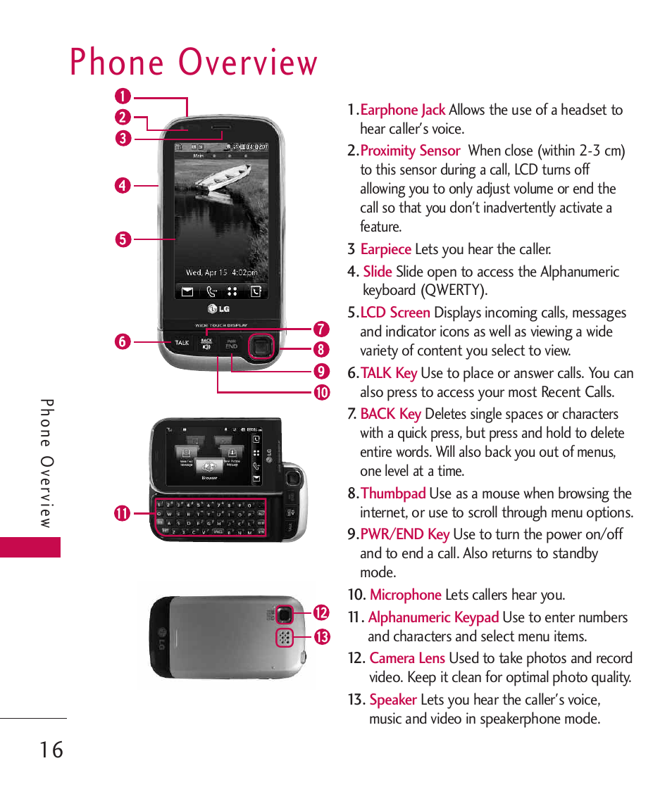 Phone overview | LG LG840 User Manual | Page 18 / 293