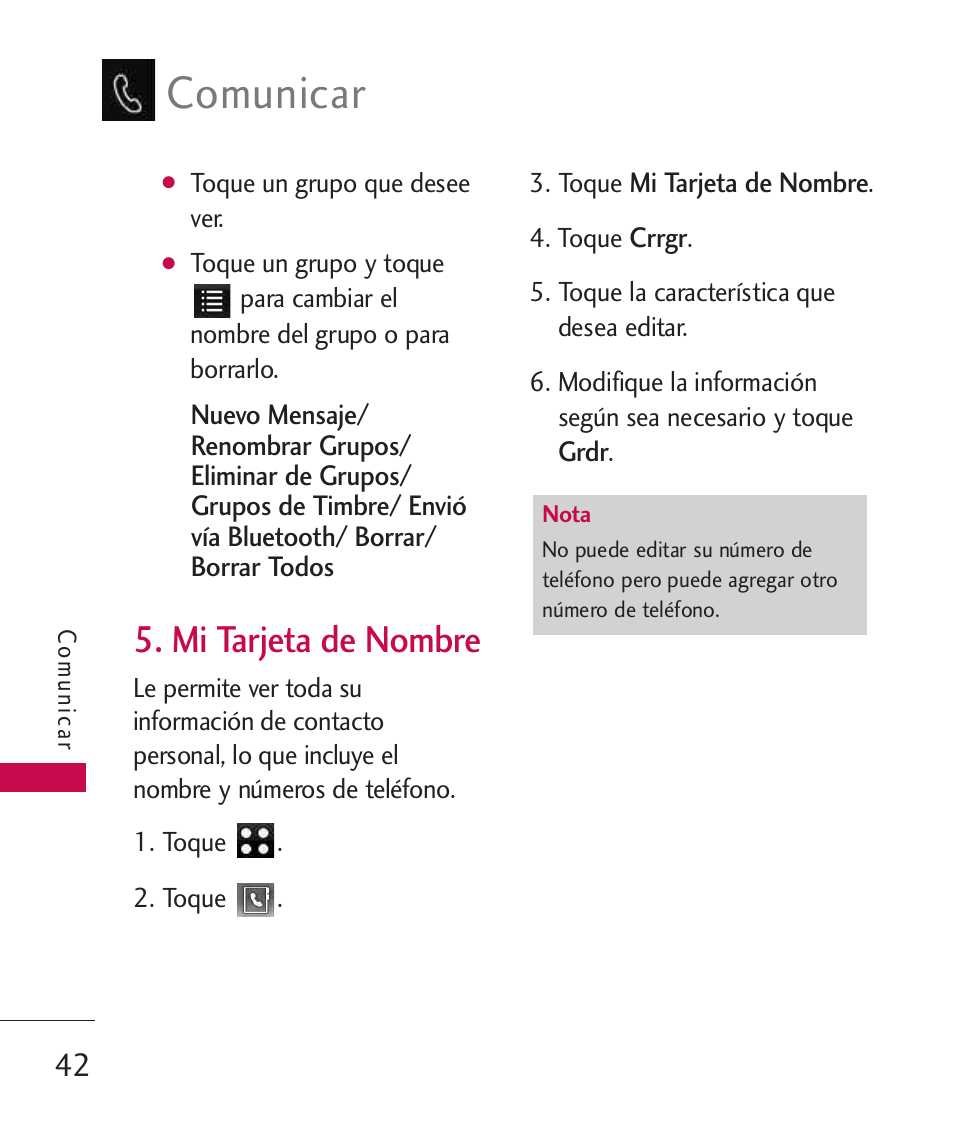 Mi tarjeta de nombre, Comunicar | LG LG840 User Manual | Page 184 / 293