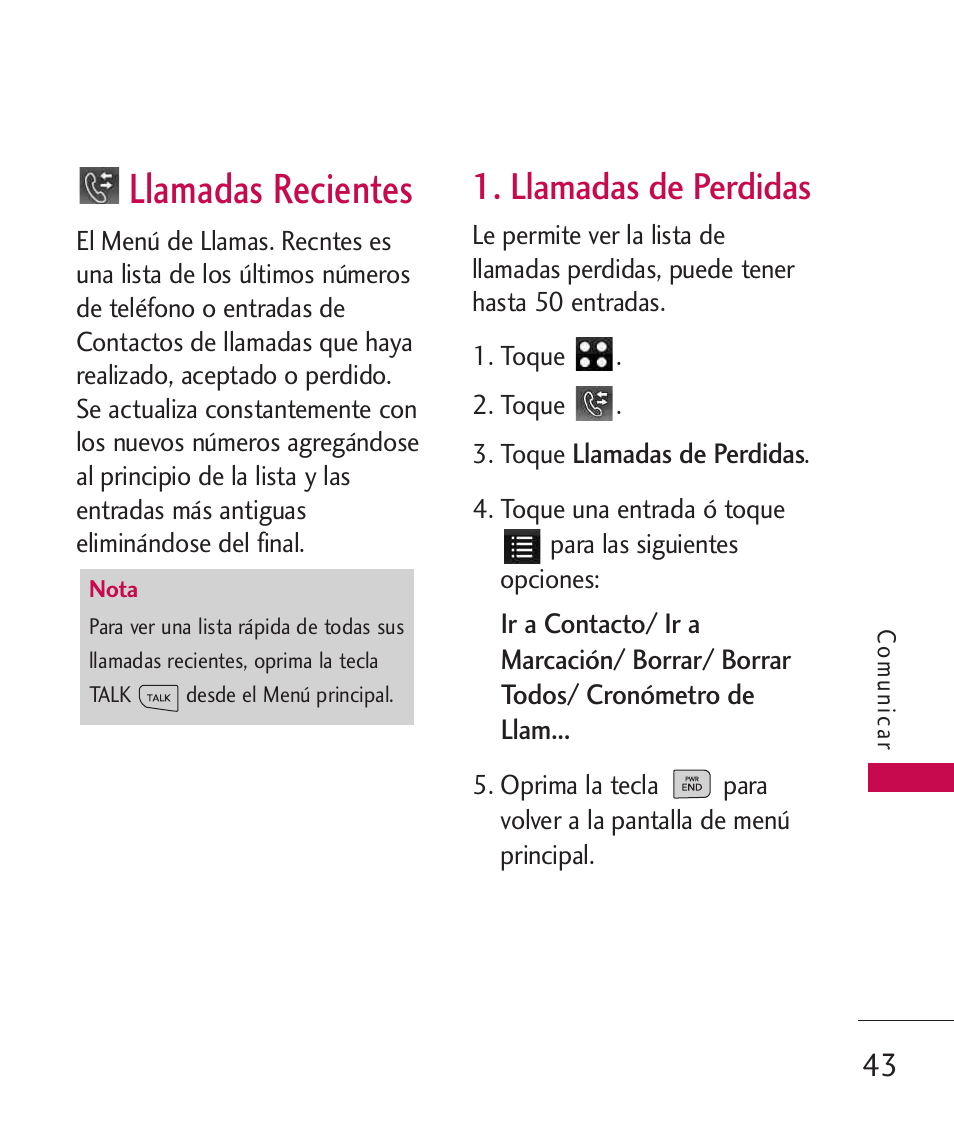 Llamadas recientes, Llamadas de perdidas | LG LG840 User Manual | Page 185 / 293