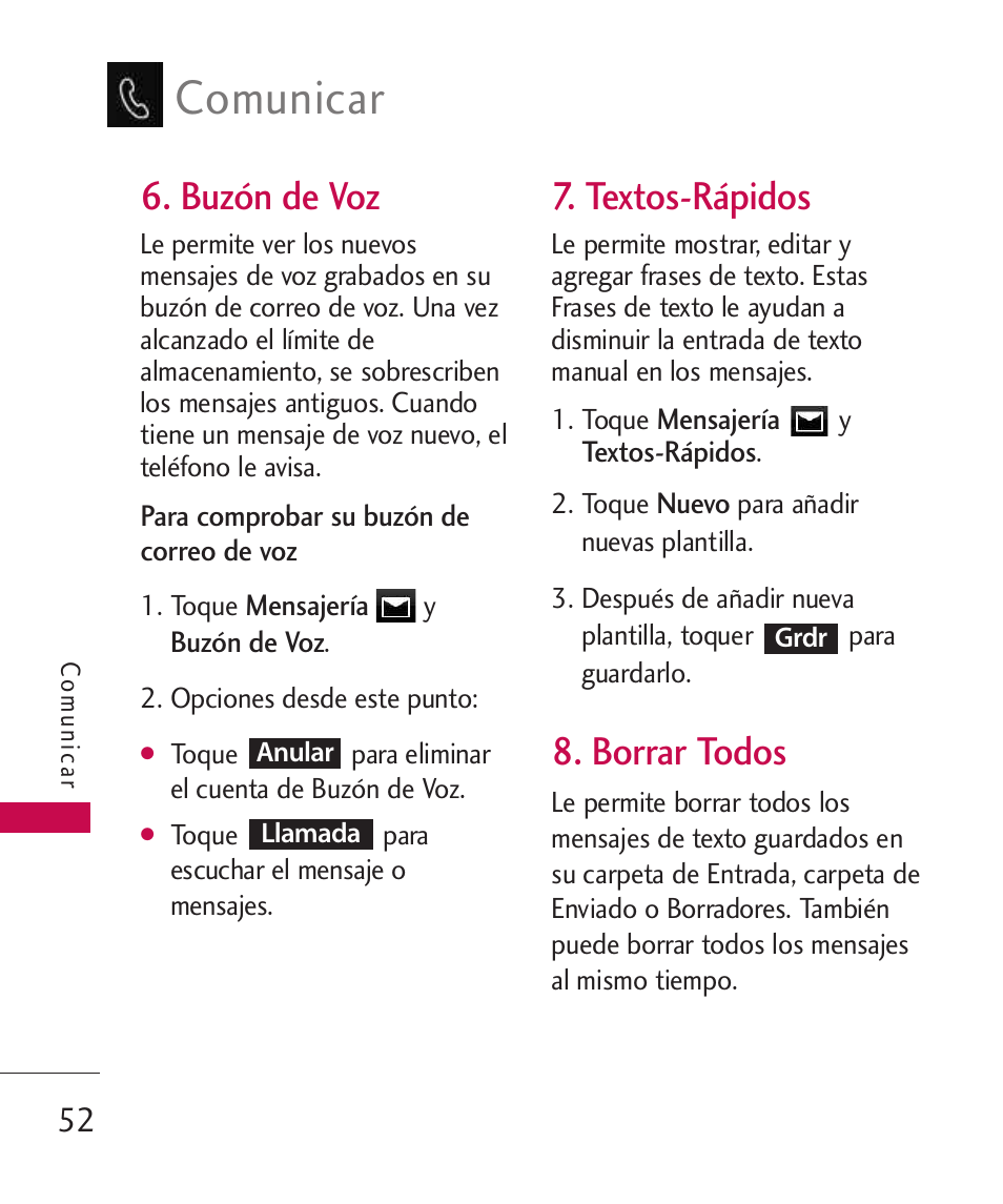 Buzón de voz, Textos-rápidos, Borrar todos | Comunicar | LG LG840 User Manual | Page 194 / 293