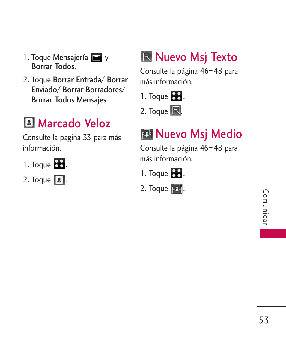 Marcado veloz, Nuevo msj texto, Nuevo msj medio | LG LG840 User Manual | Page 195 / 293
