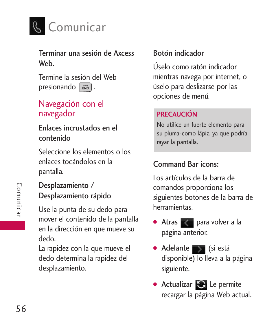 Comunicar, Navegación con el navegador | LG LG840 User Manual | Page 198 / 293
