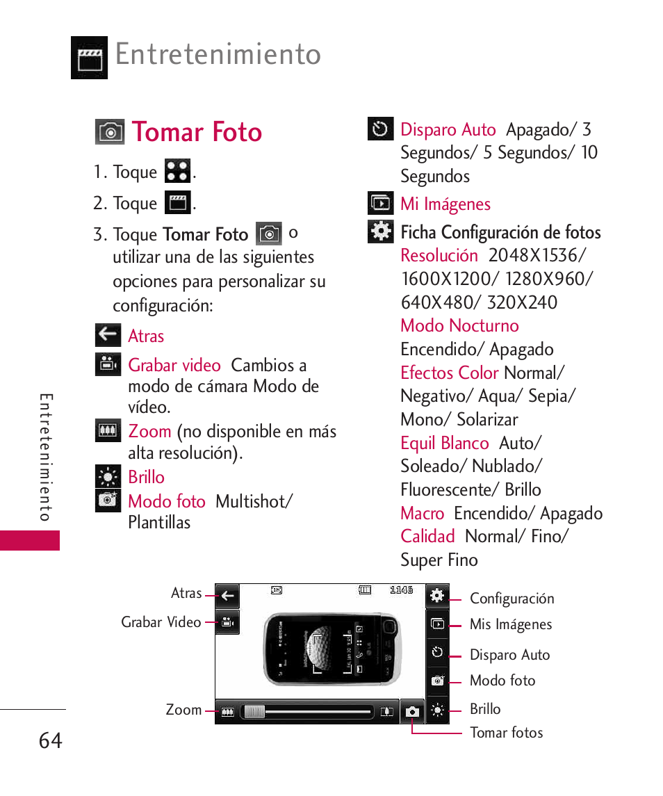 Tomar foto, Entretenimiento | LG LG840 User Manual | Page 206 / 293