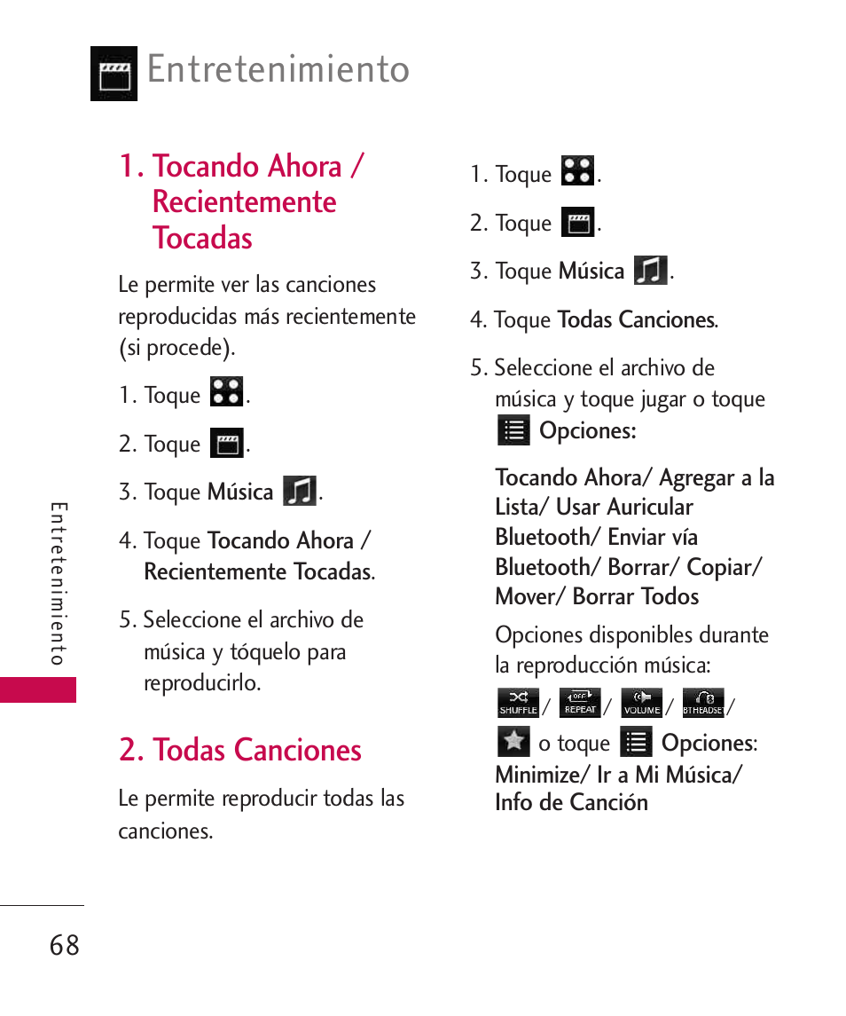 tocando ahora / reciente, Todas canciones, Tocando ahora | Recientemente tocadas, Entretenimiento, Tocando ahora / recientemente tocadas | LG LG840 User Manual | Page 210 / 293