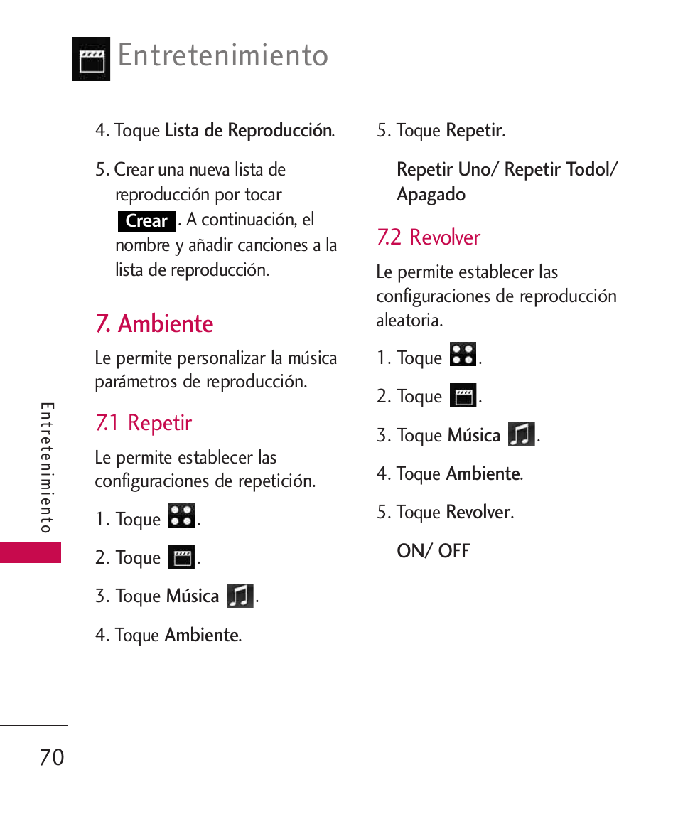 Ambiente, 1 repetir, 2 revolver | Entretenimiento | LG LG840 User Manual | Page 212 / 293