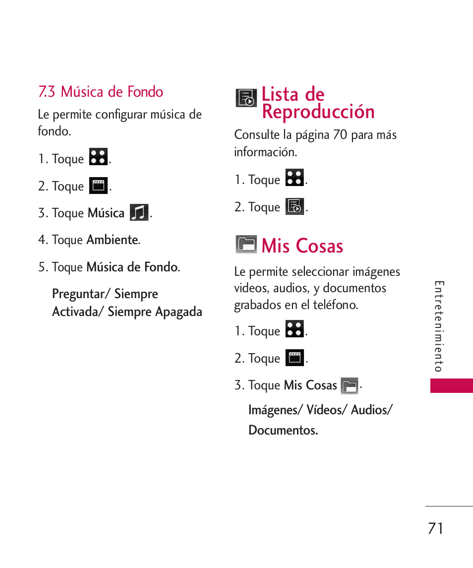 3 música de fondo, Lista de reproducción, Mis cosas | LG LG840 User Manual | Page 213 / 293
