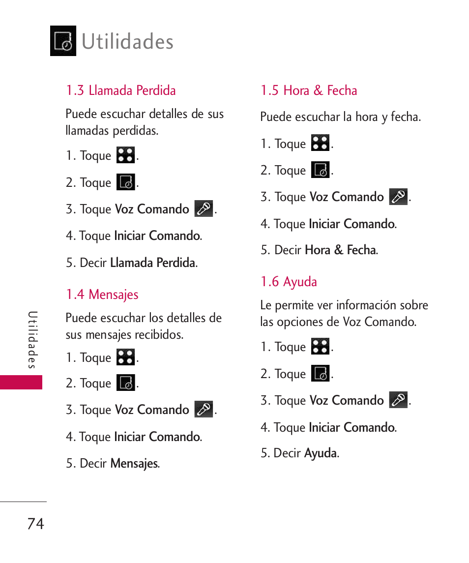 3 llamada perdida, 4 mensajes, 5 hora & fecha | 6 ayuda, Utilidades | LG LG840 User Manual | Page 216 / 293