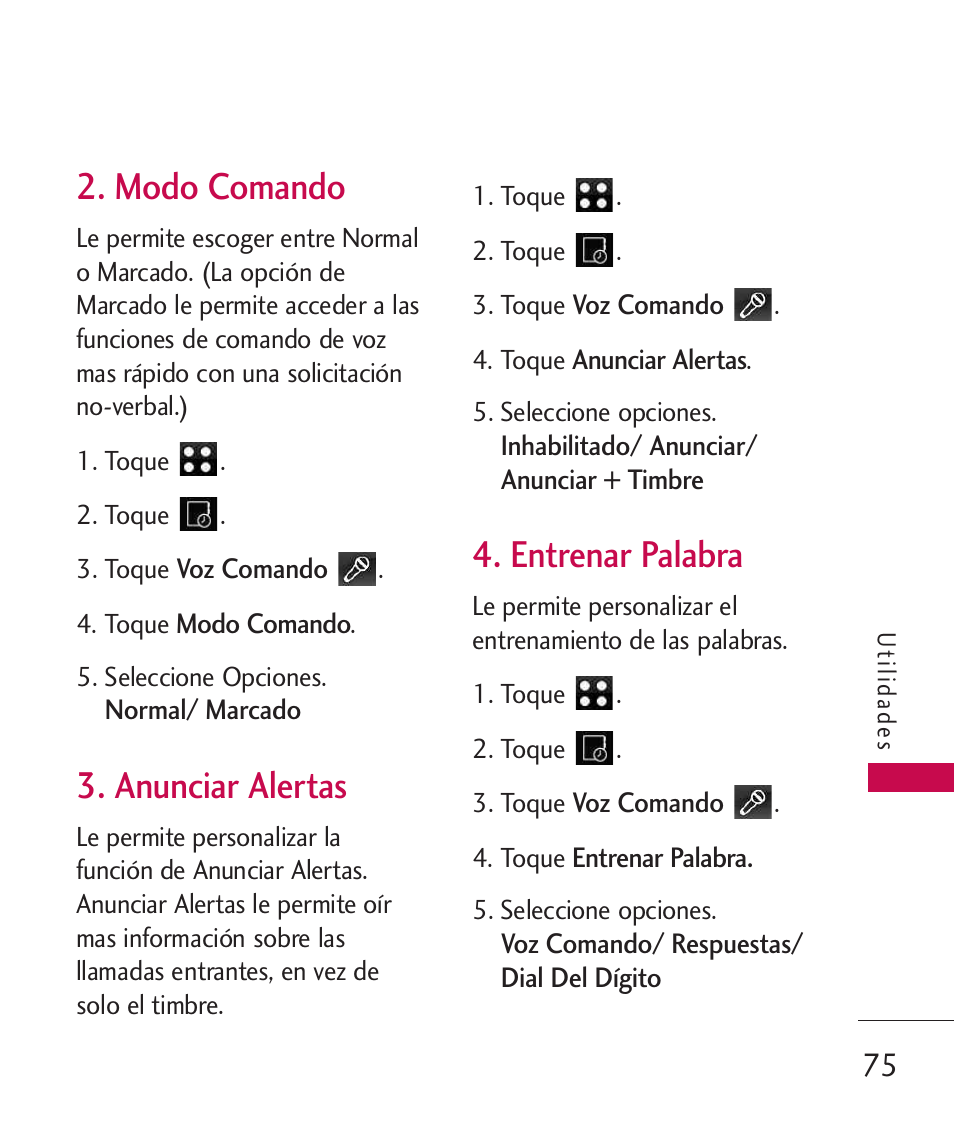 Modo comando, Anunciar alertas, Entrenar palabra | LG LG840 User Manual | Page 217 / 293